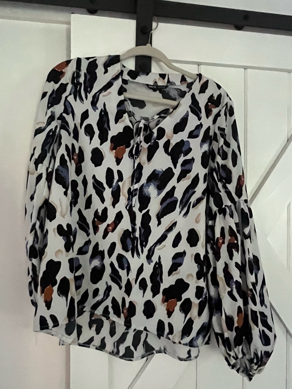 SHEIN White Multi-Print Tie-Neck Blouse